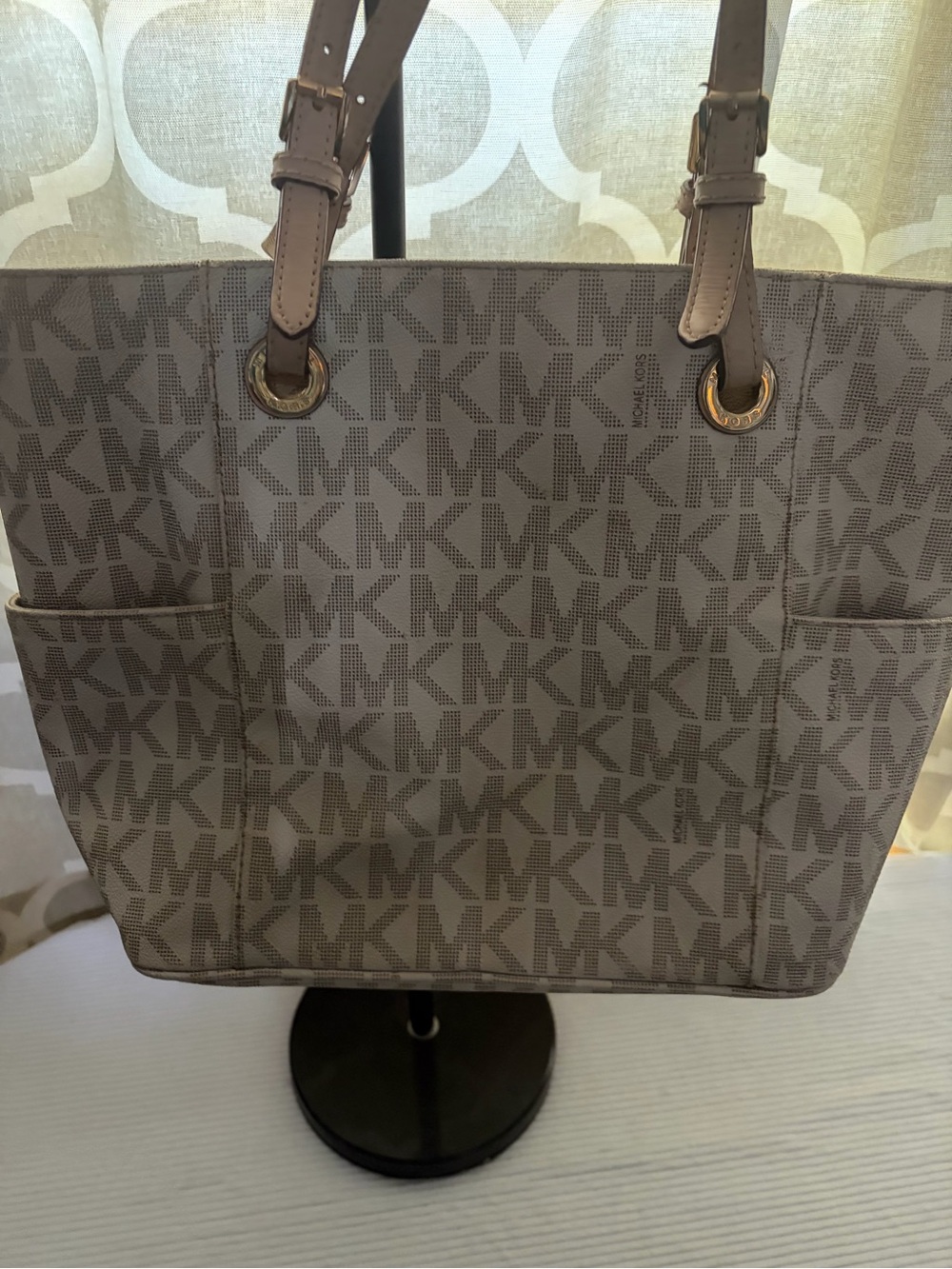Michael Kors Beige Taupe Logo Tote with Gold-Tone Rings